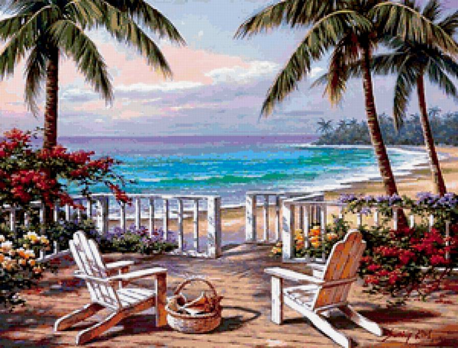 Тропический рай - пейзаж, кресла, пальмы, море - предпросмотр