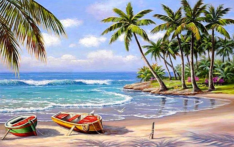 Тропический рай - пейзаж, пальмы, море, лодки - оригинал