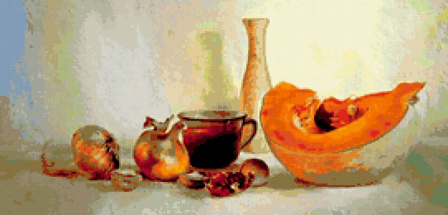натюрморт - для кухни, чай, орехи, лук, ваза, панно, тыква, фрукты - предпросмотр