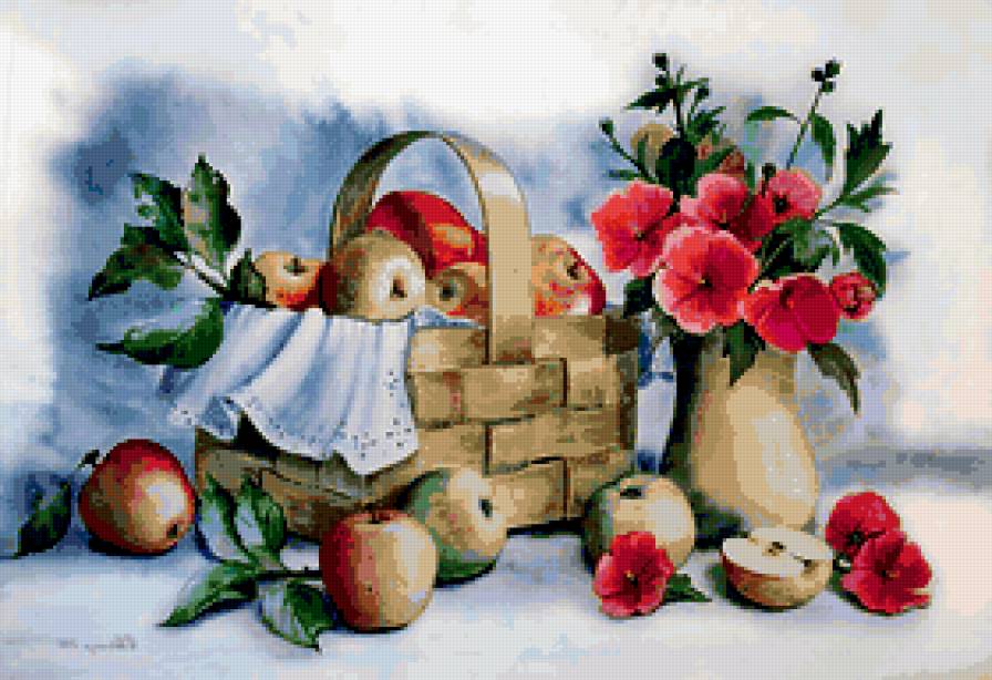 Натюрморт - натюрморт, цветы, яблоки - предпросмотр