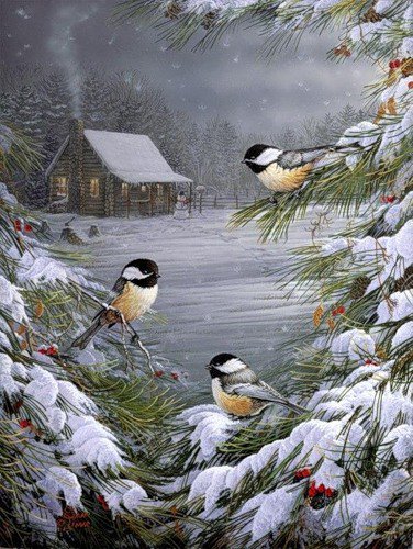 №394932 - дома, птицы, пейзаж, зима, живопись, деревья, снег, природа - оригинал