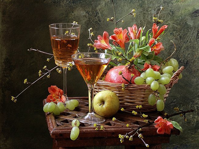 №394935 - букет, цветы, вино, натюрморт, фрукты - оригинал