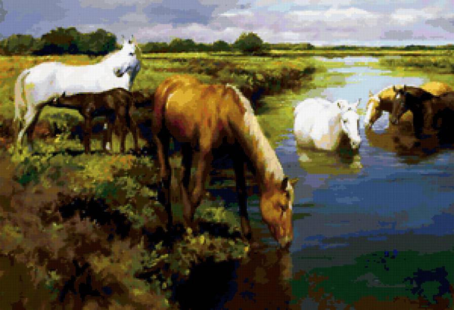 №394939 - река, лошади, кони, живопись, животные, пейзаж - предпросмотр