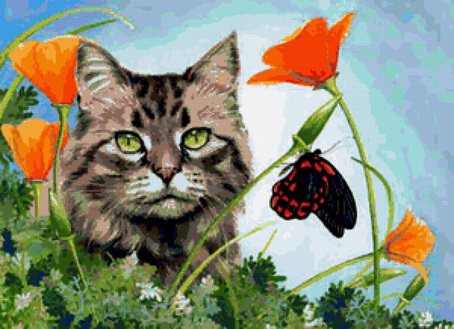 Серия "Кошки" - букет, бабочки, цветы, животные, кошки - предпросмотр