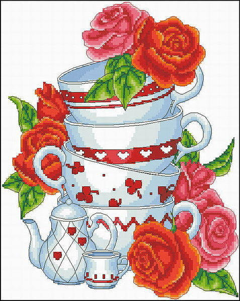 Кухонное - розы, чай, интерьер, картина, дизайн, цветок, чашки - оригинал