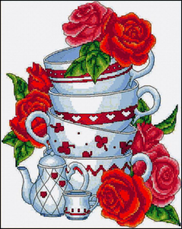 Кухонное - розы, картина, цветок, интерьер, дизайн, чашки, чай - предпросмотр