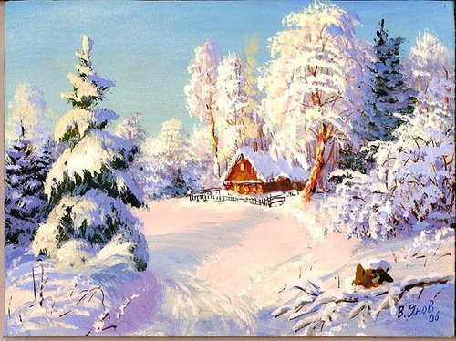 №395344 - пейзаж, дома, сугробы, снег, природа, живопись, деревья, зима - оригинал