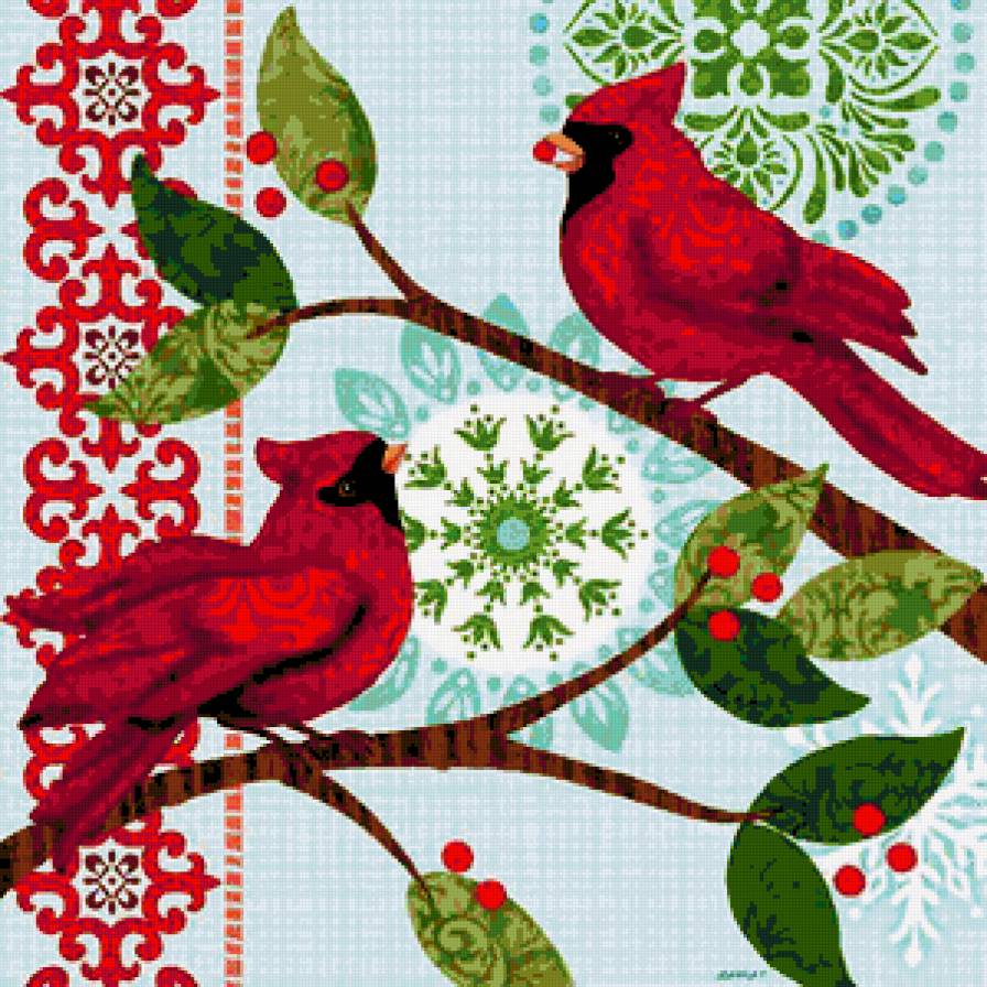 Панно с птичками - подушка, птицы, кардиналы, ягоды, узоры, ягодки, птички - предпросмотр