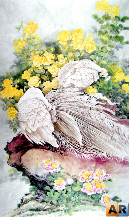 белый павлин - павлин, птица, цветы - оригинал