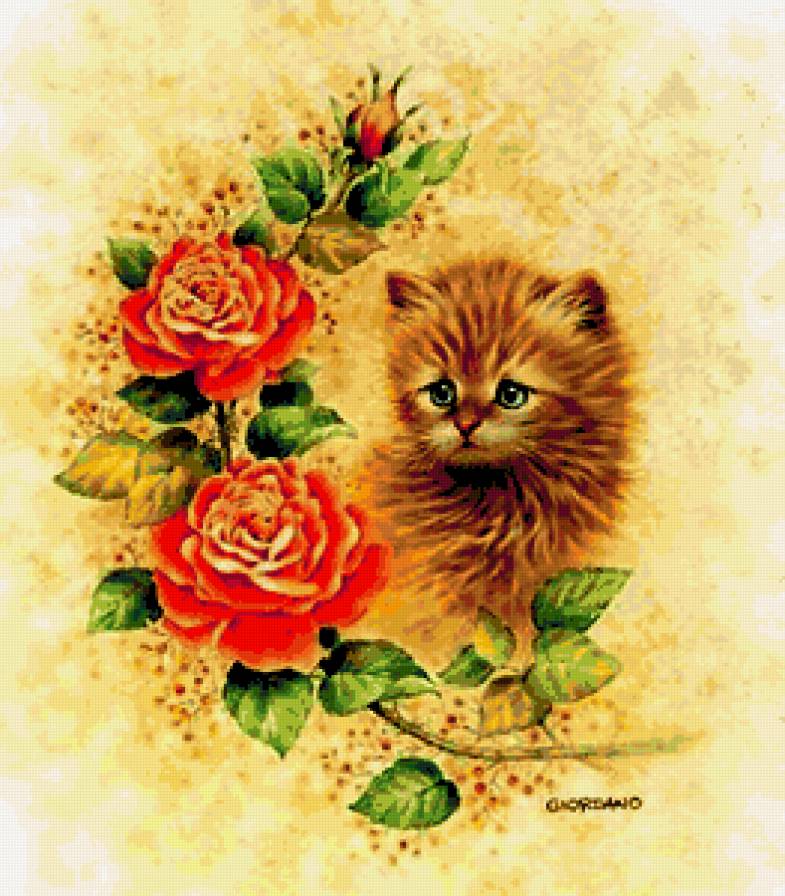 Серия "Кошки" - цветы, букет, розы, животные, кошки - предпросмотр