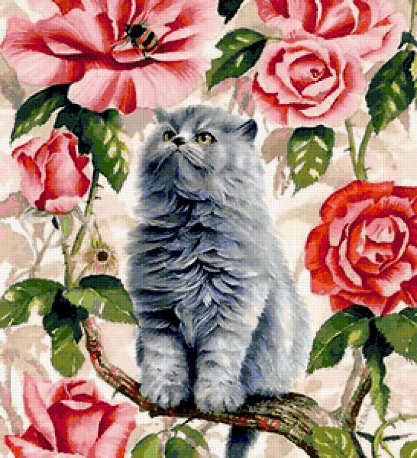 Серия "Кошки" - животные, цветы, розы, букет, кошки - предпросмотр
