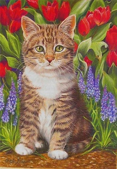 Серия "Кошки" - тюльпаны, кошки, цветы, букет, животные, мускари - оригинал