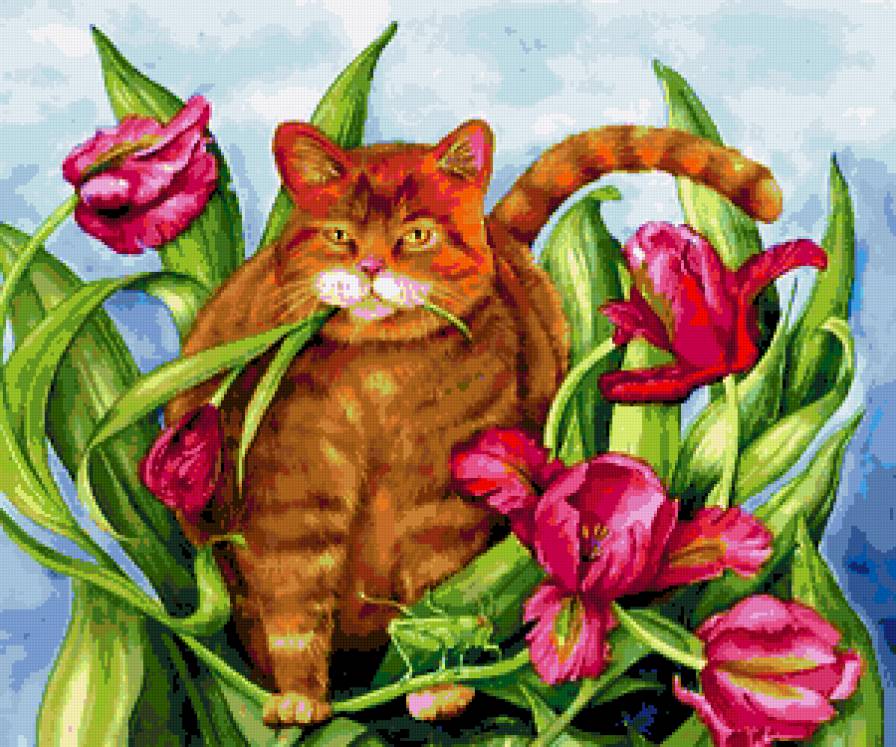 Серия "Кошки" - тюльпаны, кошки, животные, букет, цветы - предпросмотр