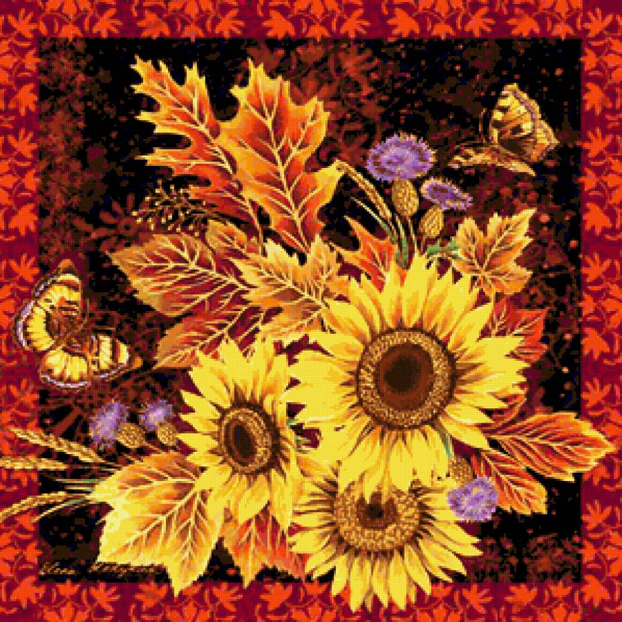 Подушка "Осень" - подушки, осень, подушка, подсолнухи, листья, цветы, быбочки - предпросмотр