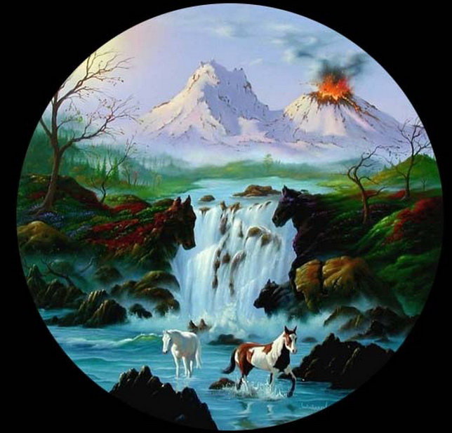 Радуга души(живопись Джим Варен) - горы, природа, живопись, лошади, вулкан - оригинал