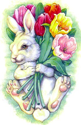 Зайчишка - животные, тюльпаны, цветы, зайка - оригинал