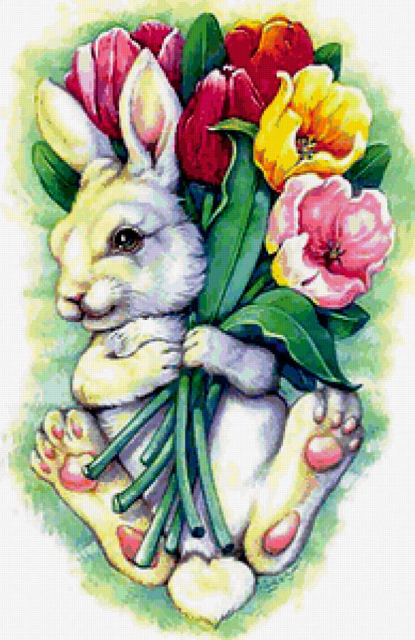 Зайчишка - животные, цветы, зайка, тюльпаны - предпросмотр