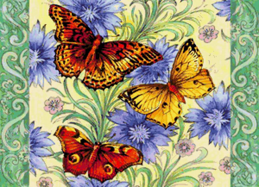 Подушка "Бабочки и васильки" - бабочки, цветы, подушка, васильки, флора, подушки, бабочка - предпросмотр