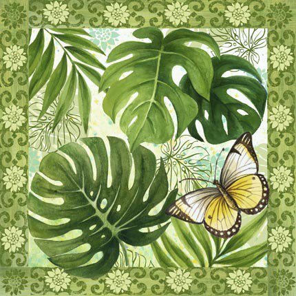 Подушка "Летнее настроение" - бабочки, бабочка, листья, подушка, пальма, зелень, узоры - оригинал
