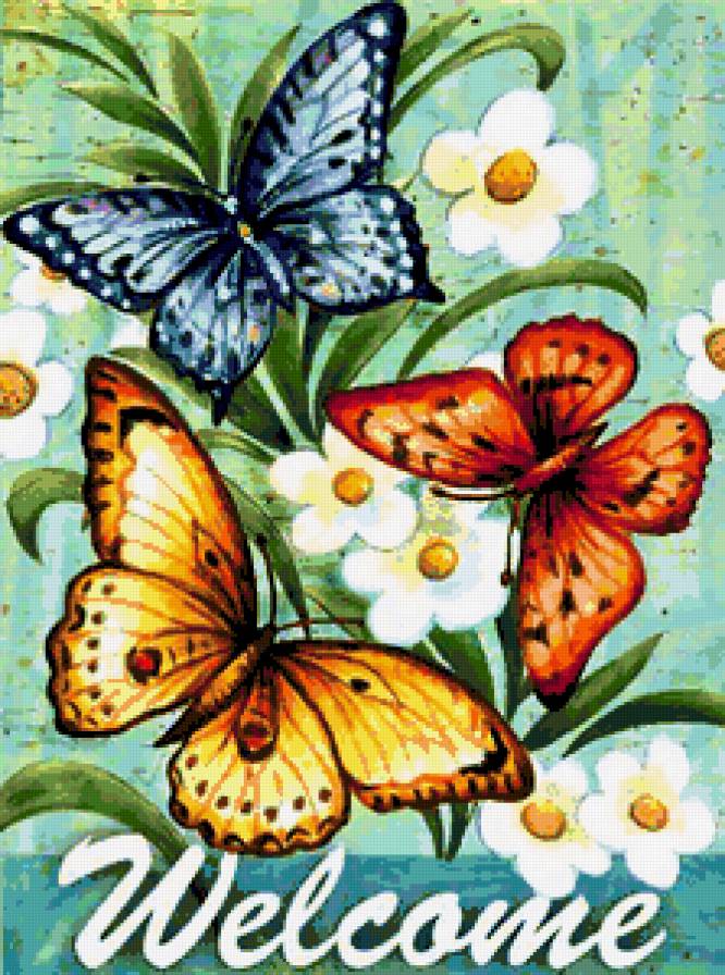 Цветы и бабочки - для прихожей, цветы, бабочка, цветочк, бабочки, добро пожаловать - предпросмотр