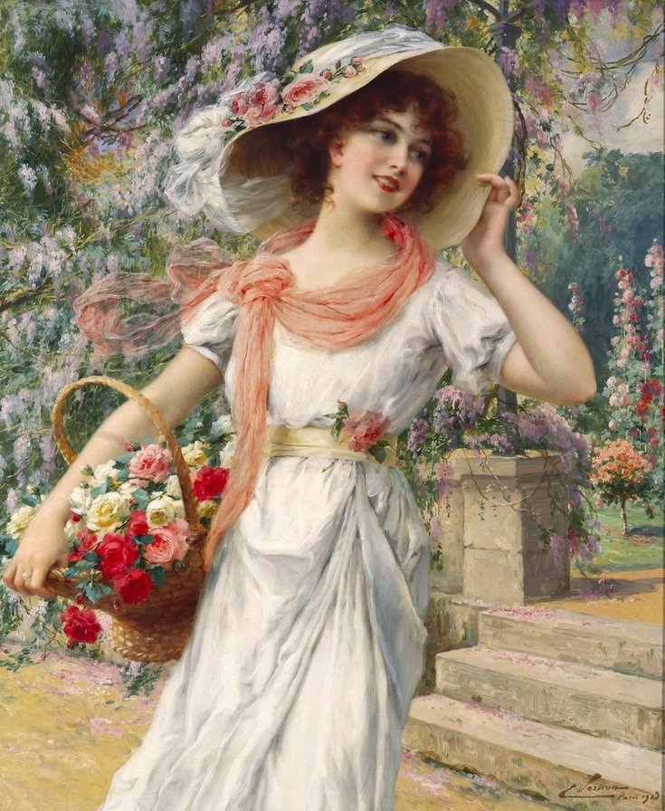 Девушка с корзиной роз - девушка, цветы, розы, женщина, сад, женский образ - оригинал