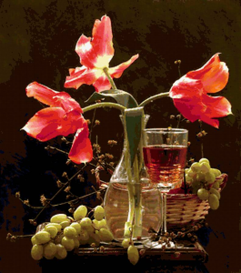 №396989 - виноград, тюльпаны, букет, цветы, натюрморт, вино - предпросмотр