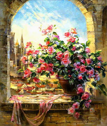 розы 2 - живопись, букет, картина, пейзаж, окно - оригинал