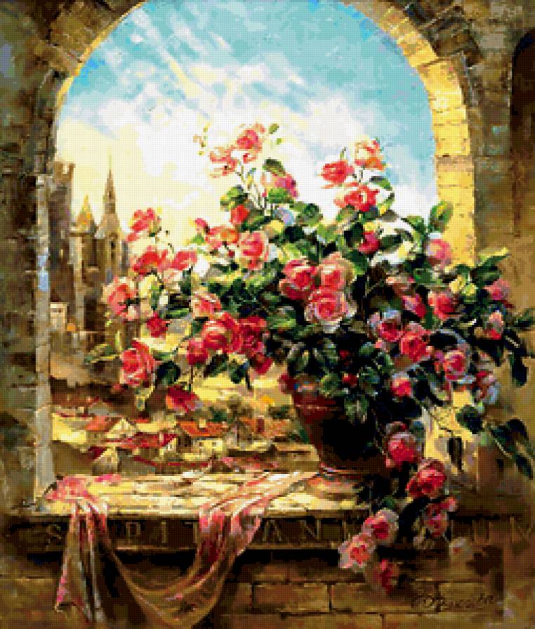 розы 2 - живопись, окно, пейзаж, картина, букет - предпросмотр