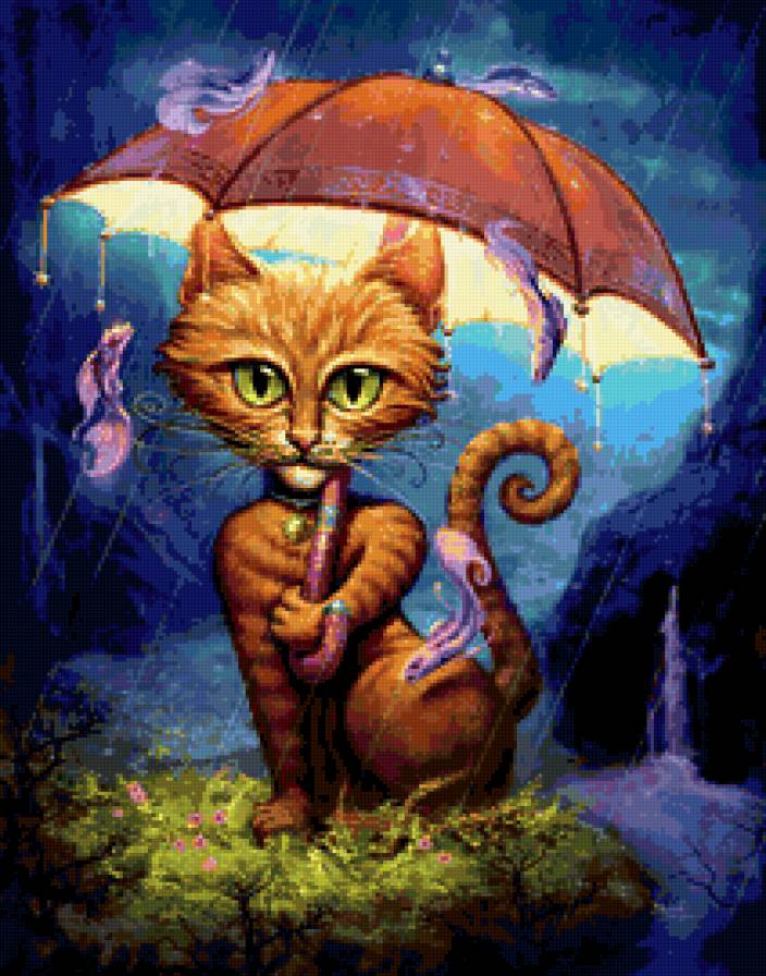 кошка под дождём - кошка, зонт, кот, рыбы, jeff haynie, рыба, дождь - предпросмотр