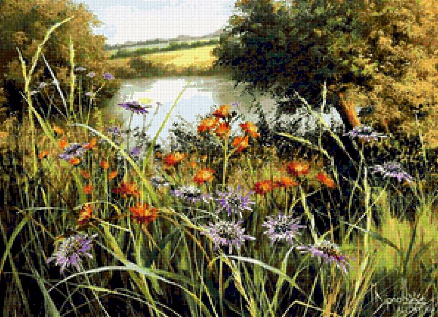 Серия "Полевые цветы" - пейзаж, одуванчики, поле, лето, цветы, река - предпросмотр