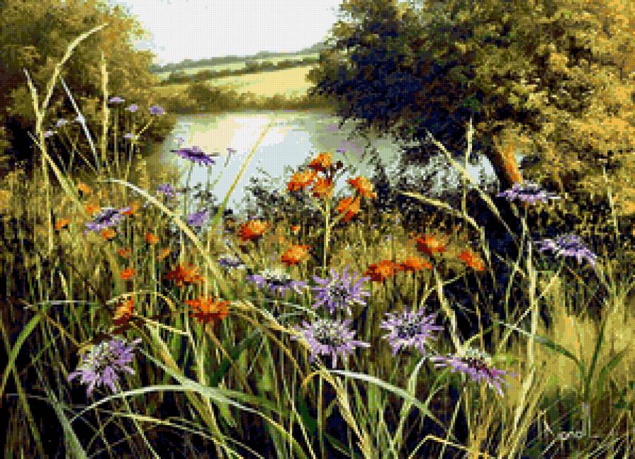 Серия "Полевые цветы" - пейзаж, лето, одуванчики, поле, цветы, река - предпросмотр