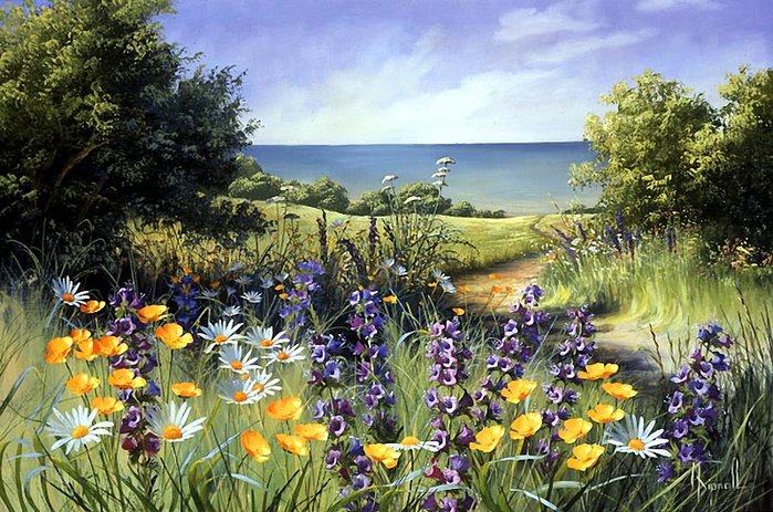 Серия "Полевые цветы" - поле, пейзаж, лето, цветы, река - оригинал