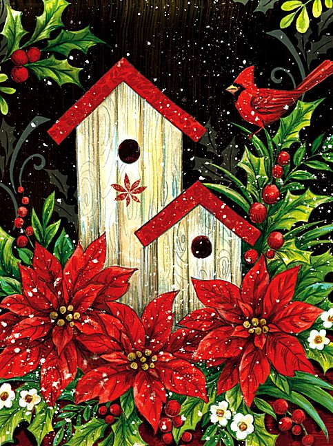 Рождественская птичка - птички, рождество, пуансеттия, цветы - оригинал