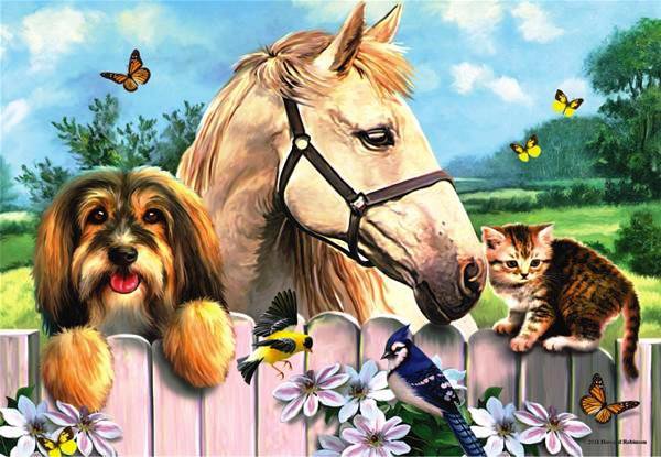 утренняя прогулка - котенок, лето, щенок, птички, лошадь, природа - оригинал