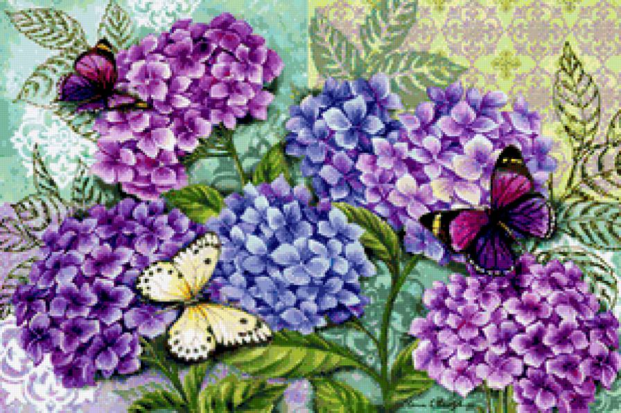 Гортензия и бабочки - цветы и бабочки, флора, гортензия, бабочки, панно, цветы - предпросмотр