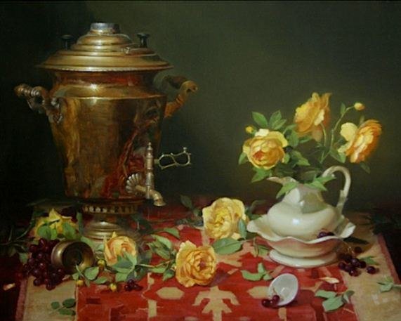 Желтые розы - натюрморт, роза, цветы, самовар - оригинал