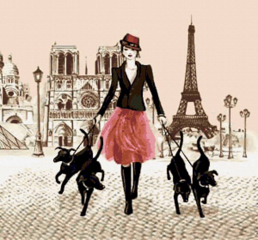 дама с собаками - париж, эйфелева башня, дама, собаки - предпросмотр
