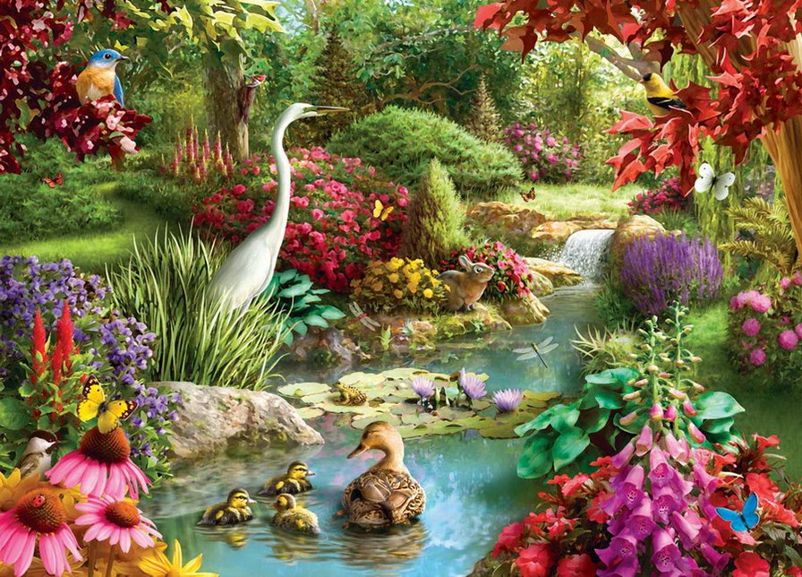 Nature's Embrace - цветы, пейзаж, пруд - оригинал