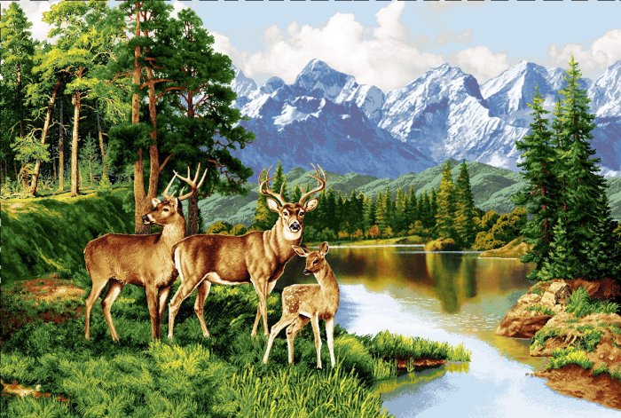 олени у ручья - олени, лес, горы, ручей - оригинал