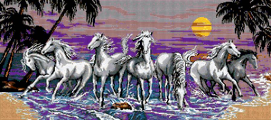 белые лошади - лошади, пальмы, море - предпросмотр