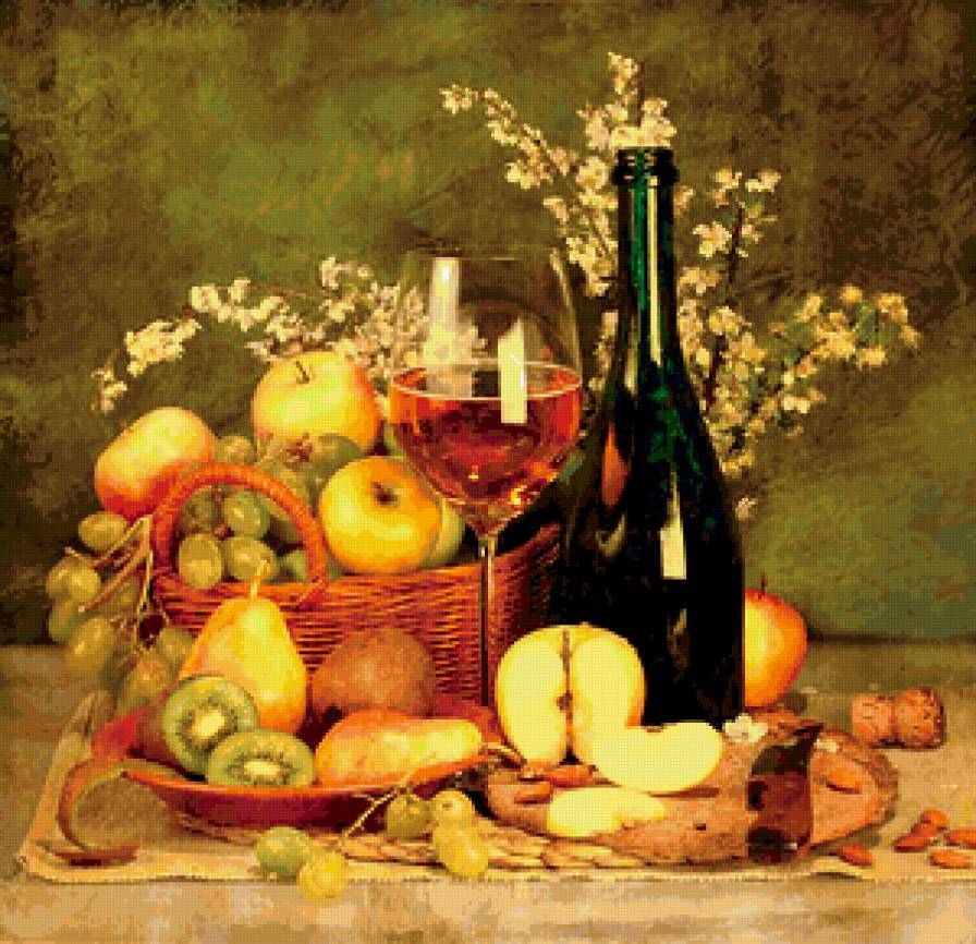 №400923 - вино, натюрморт, живопись, фрукты, цветы, букет - предпросмотр