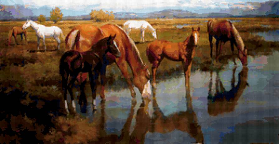 Автор Spartaco Lombardo - река, кони, лошади, животные, живопись - предпросмотр