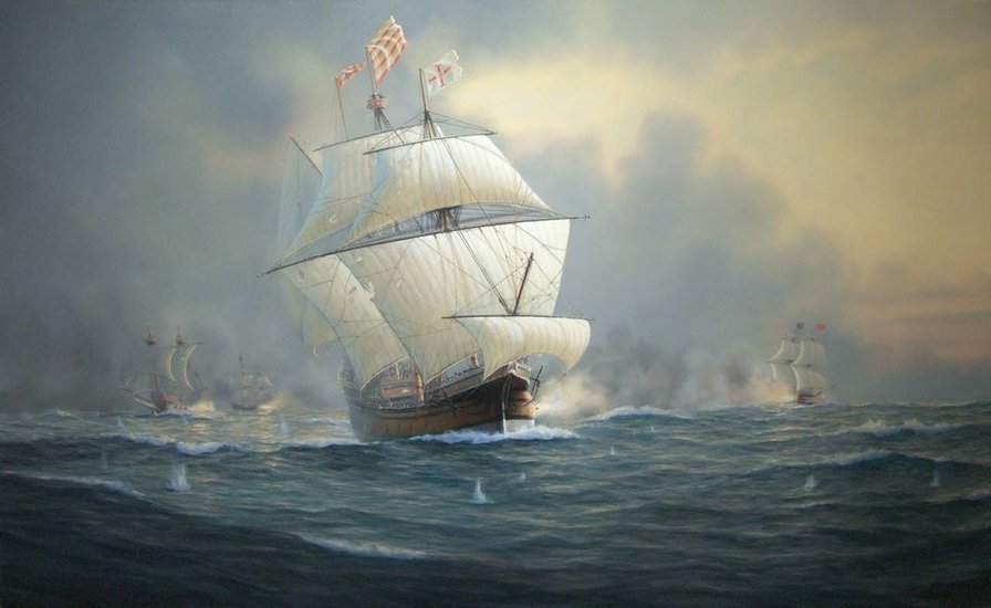 Морское сражение - море, корабль, сражение, пейзаж, бой - оригинал
