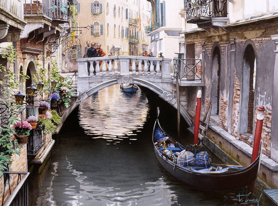 Венецианский канал - мост, лодка, город, европа, пейзаж, улица, канал, венеция - оригинал