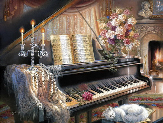 Пианистка - кошка, кот, пианино, рояль, комната - оригинал
