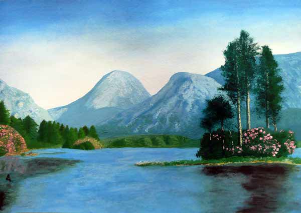 №401778 - деревья, живопись, природа, пейзаж, горы, озеро - оригинал