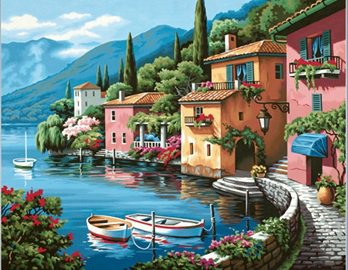 курортный городок - лодки.цветы, горы, город, море - оригинал
