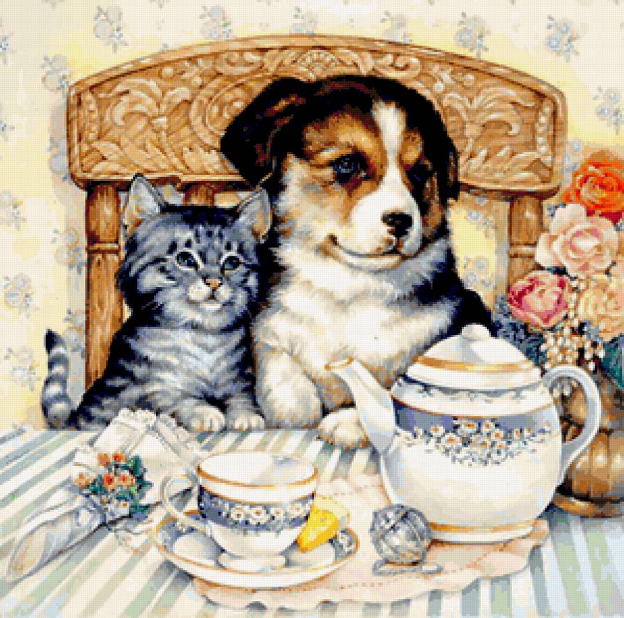 Два друга - собака, щенок, малыши, кошка, посуда, собаки, котенок, кошки - предпросмотр