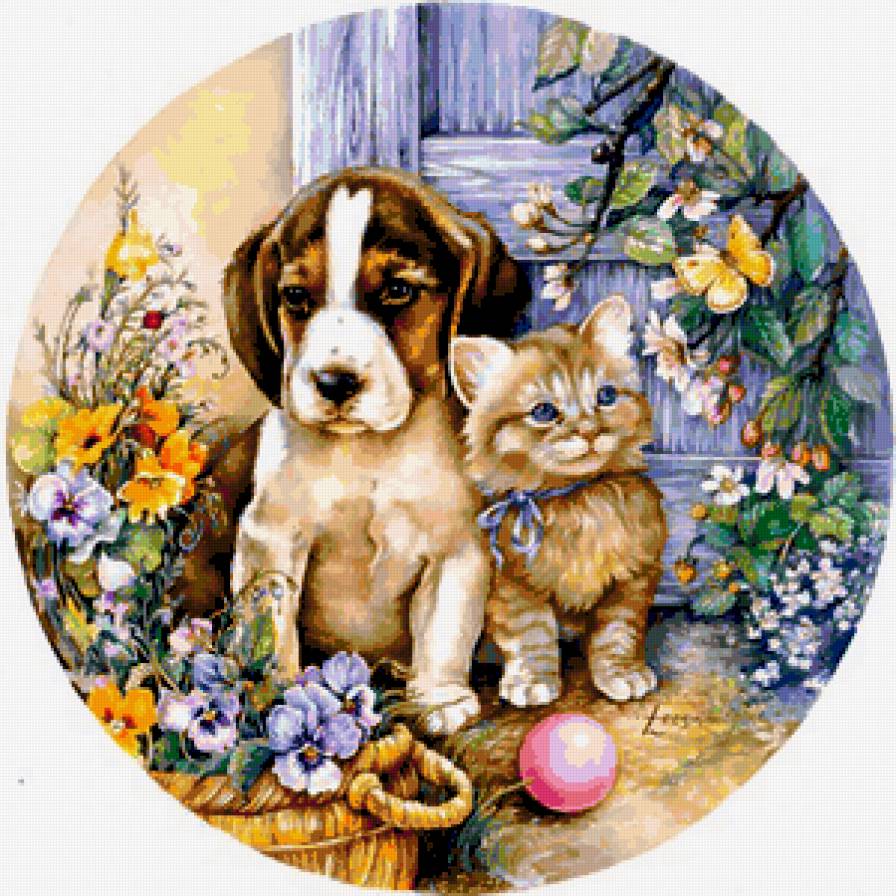 Два друга - анютки, собака, кошка, животные, щенок, цветы, котенок - предпросмотр