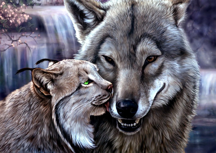 любовь бывает разной - хищник, живопись, рысь, природа, пара, волк, водопад - оригинал